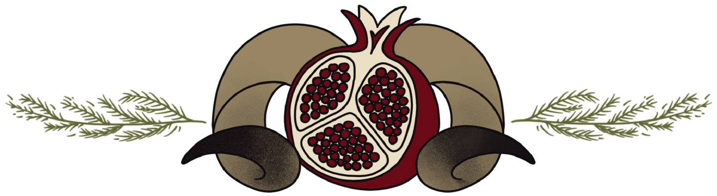 profile picture of a pomegranate cut in half in front of two ram horns with a cedar twig on the outside of each side